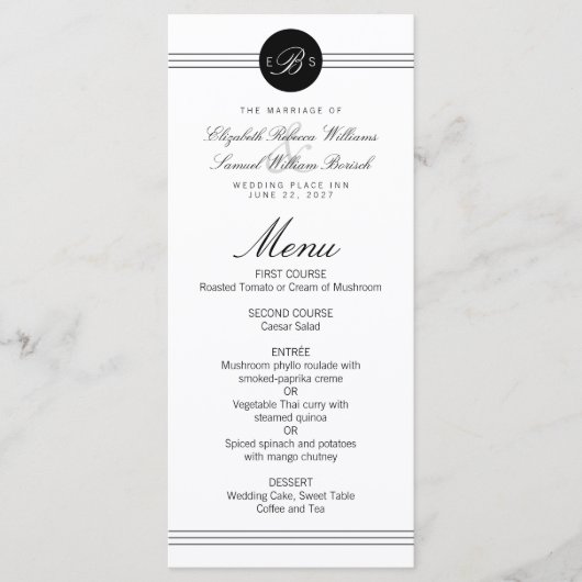 Monogram Elegant Chic Black Dot Clean Wedding Menu (Voorkant)
