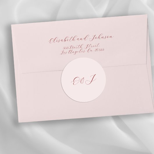 Monogram elegant chic script blush roze bruiloft ronde sticker