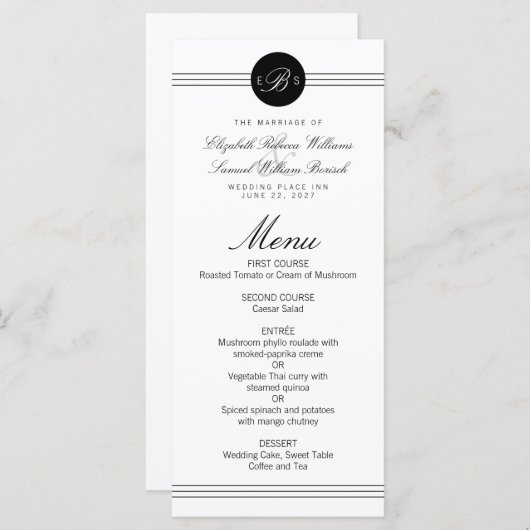 Monogram Elegant Chic Zwart Stip Schoon Trouw Menu (Voorkant / Achterkant)