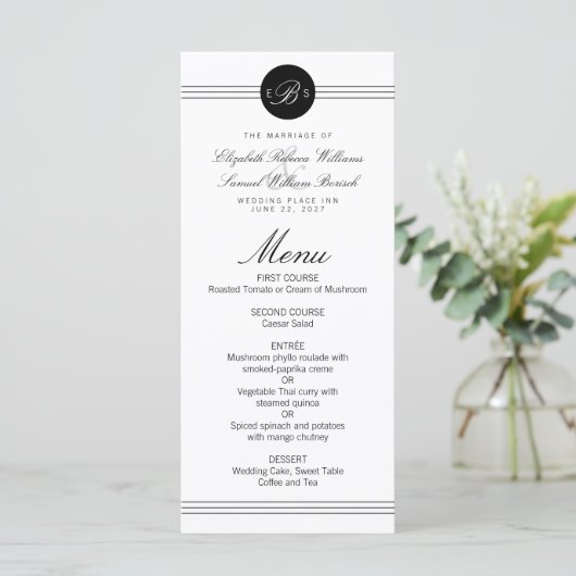 Monogram Elegant Chic Zwart Stip Schoon Trouw Menu (Staand voorkant)