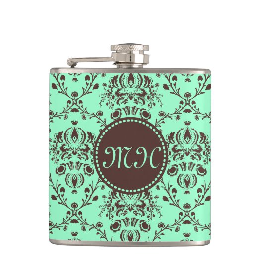 Monogram Elegant Chocolate Brown Damask Mint Green Heupfles (Voorkant)