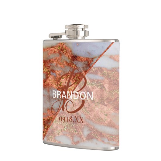 Monogram Elegant Copper Marble Geometric Groomsmen Heupfles (Links)