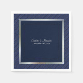Monogram Elegant Dark Blue Silver Border Wedding Servet