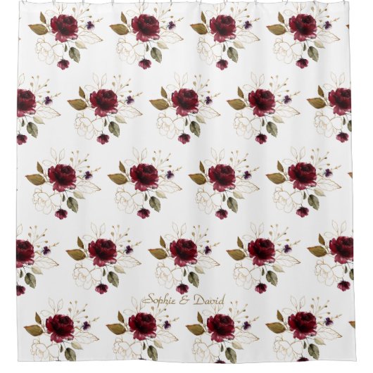 Monogram Elegant Delicate Burgundy Gold Flowers Douchegordijn (Voorkant)