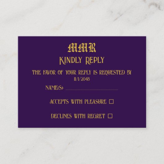 Monogram Elegant Donker Paarse en Gouden RSVP Informatiekaartje (Voorkant)
