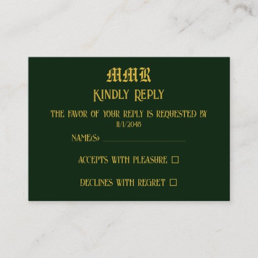 Monogram Elegant Donkergroen en Goud RSVP Informatiekaartje (Voorkant)