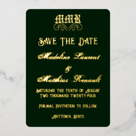 Monogram Elegant Donkergroen & Goud Save the Date Folie Uitnodiging