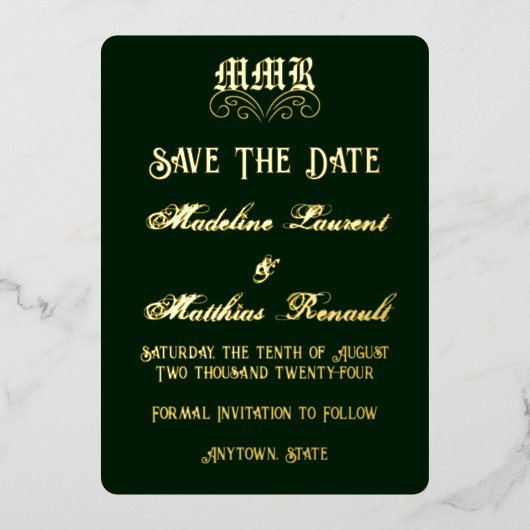 Monogram Elegant Donkergroen & Goud Save the Date Folie Uitnodiging (Voorkant)