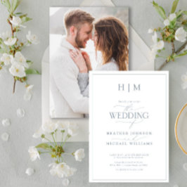 Monogram Elegant Dusty Blue Calligraphy Kaart