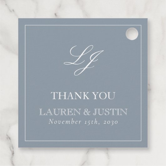 Monogram Elegant Dusty Blue Dank je bruiloft Bedankjes Labels (Achterkant)