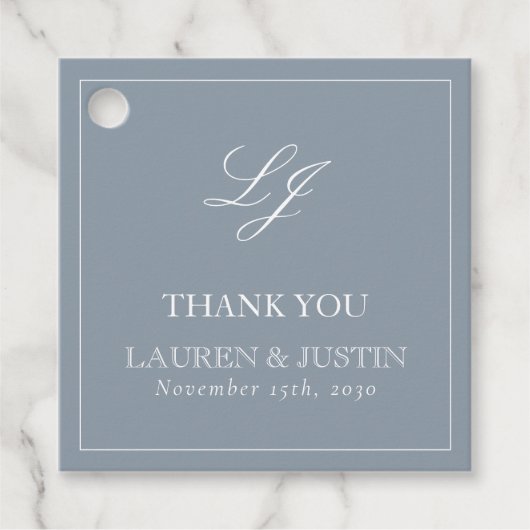 Monogram Elegant Dusty Blue Dank je bruiloft Bedankjes Labels (Voorkant)