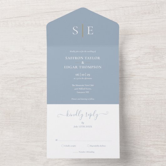 Monogram Elegant Dusty Blue en Gold Wedding All In One Uitnodiging (Binnen)