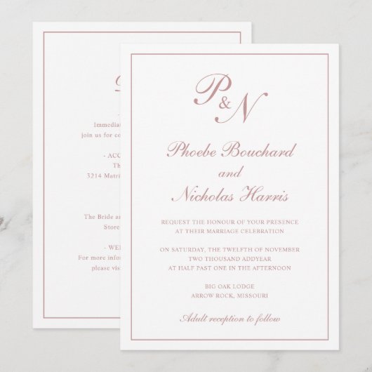 Monogram Elegant Dusty Roos in één keer Kaart (Voorkant / Achterkant)