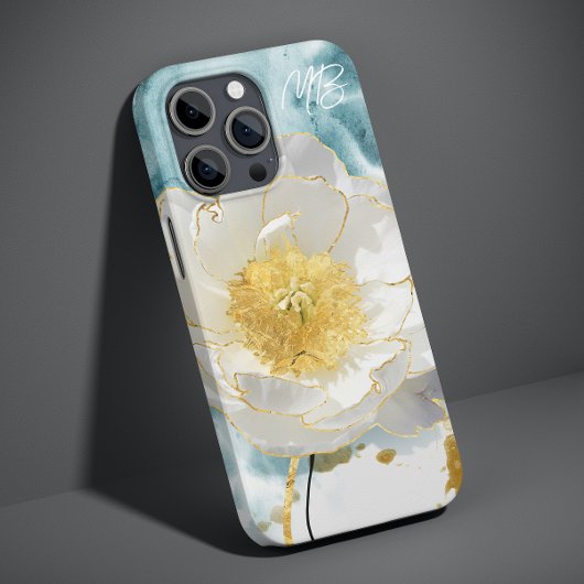 Monogram Elegant Eenvoudige Witte Bloem Waterverf Case-Mate iPhone Case