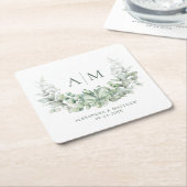 Monogram Elegant Eucalyptus Greenery Wedding Kartonnen Onderzetters (Schuin)