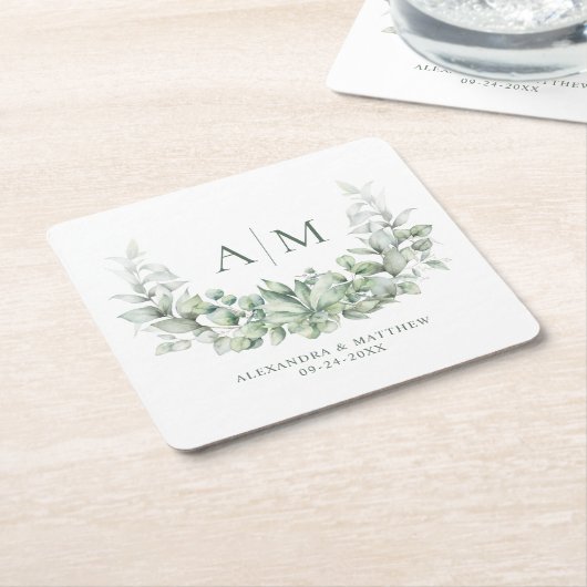 Monogram Elegant Eucalyptus Greenery Wedding Kartonnen Onderzetters (Schuin)