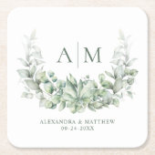 Monogram Elegant Eucalyptus Greenery Wedding Kartonnen Onderzetters (Voorkant)