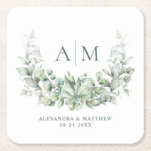 Monogram Elegant Eucalyptus Greenery Wedding Kartonnen Onderzetters