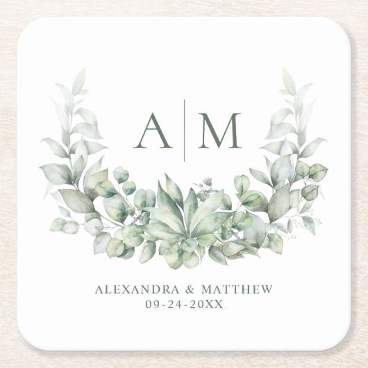 Monogram Elegant Eucalyptus Greenery Wedding Kartonnen Onderzetters (Voorkant)