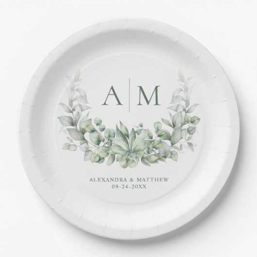 Monogram Elegant Eucalyptus Greenery Wedding Papieren Bordje (Voorkant)