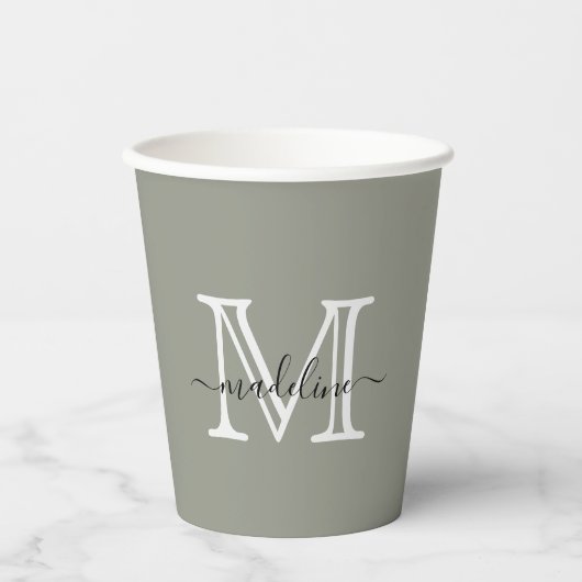 Monogram Elegant Evergreen Fog Script Papieren Bekers (Voorkant)