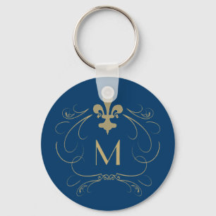 Monogram Elegant Fleur de Lis Blue Gold Sleutelhanger