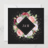 Monogram Elegant Floral Burgundy Black Wedding Kaart (Achterkant)