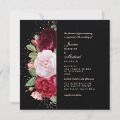 Monogram Elegant Floral Burgundy Black Wedding Kaart (Voorkant)
