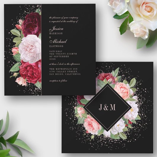 Monogram Elegant Floral Burgundy Black Wedding Kaart