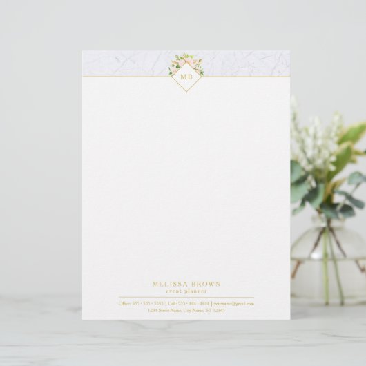 Monogram Elegant Floral Marble Chic Letterhead Briefhoofd (Staand voorkant)