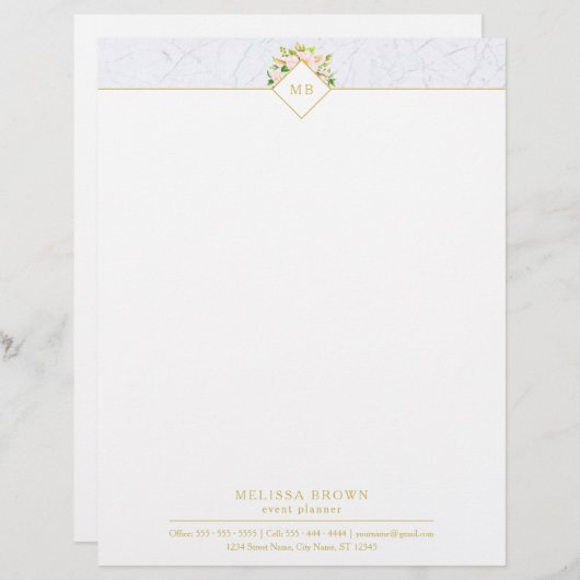 Monogram Elegant Floral Marble Chic Letterhead Briefhoofd (Voorkant / Achterkant)