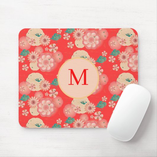 Monogram Elegant Floral Ornament Peach Garden Muismat (Met muis)