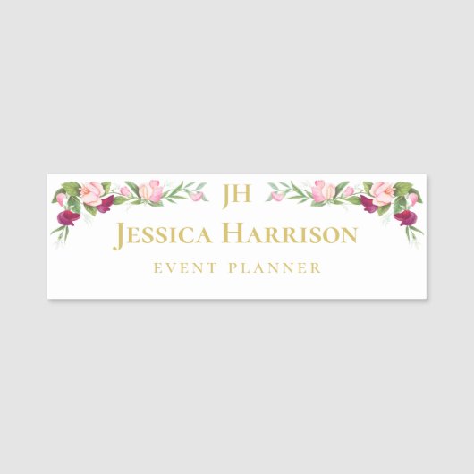 Monogram Elegant Floral Paars Pink Event Planner Naamplaatje (Voorkant)
