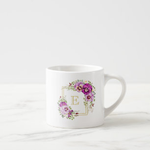 Monogram Elegant Floral  Paarse Pansies Espresso Kop
