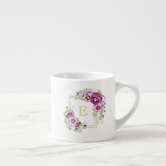 Monogram Elegant Floral  Paarse Pansies Espresso Kop (Rechts)