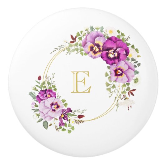 Monogram Elegant Floral Paarse Pansies Keramische Knop (Voorkant)