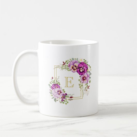 Monogram Elegant Floral Paarse Pansies Koffiemok (Links)
