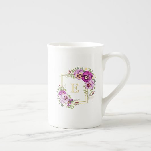 Monogram Elegant Floral  Paarse Pansies Porselein Kop (Rechts)