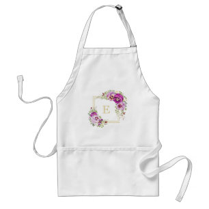 Monogram Elegant Floral Paarse Pansies Standaard Schort