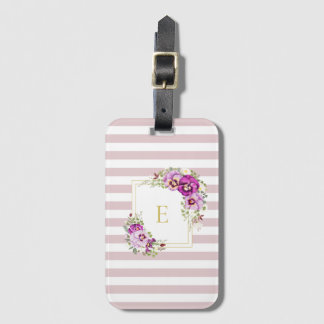Monogram Elegant Floral Pansies Stripes Bagagelabel