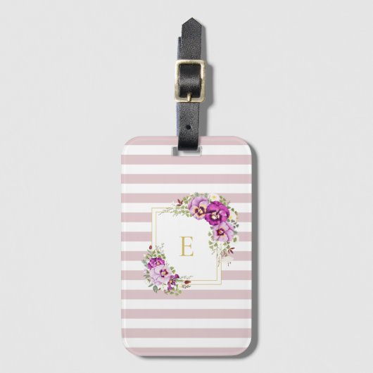 Monogram Elegant Floral Pansies Stripes Bagagelabel (Voorkant (verticaal))
