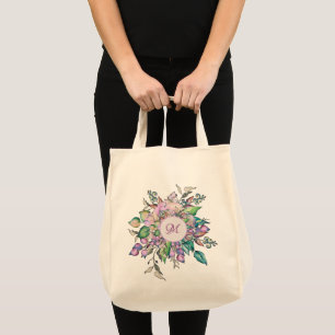 Monogram Elegant Floral Pastel Waterverf Tote Bag