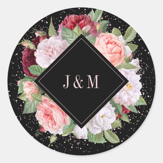 Monogram  Elegant Floral Roos Black Wedding Ronde Sticker (Voorkant)