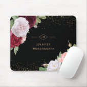 Monogram Elegant Floral Roos Pink Burgundy Black Muismat (Met muis)