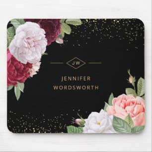 Monogram Elegant Floral Roos Pink Burgundy Black Muismat