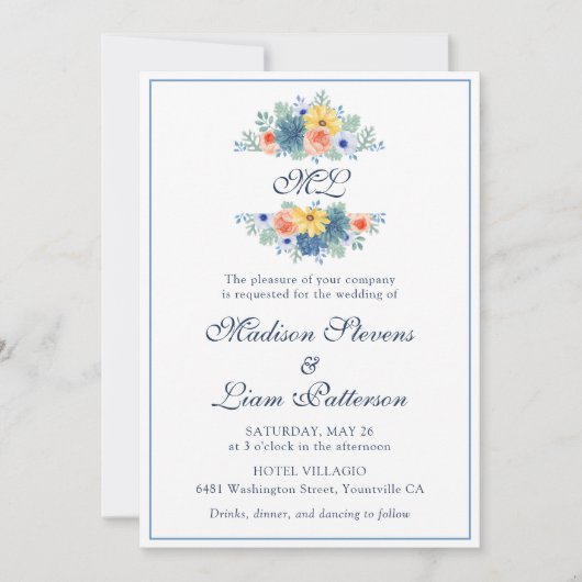 Monogram Elegant  Floral Succulent Macaron Kaart (Voorkant)