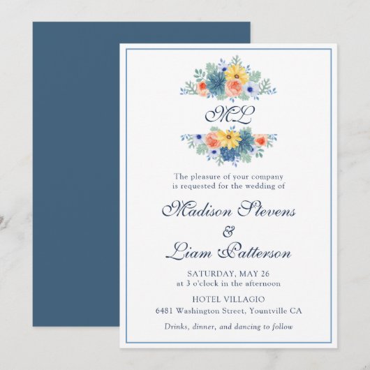 Monogram Elegant  Floral Succulent Macaron Kaart (Voorkant / Achterkant)