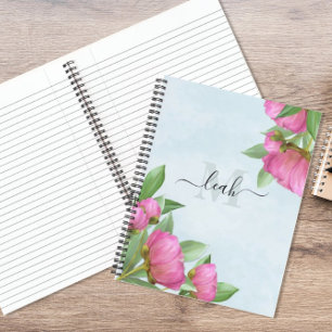 Monogram Elegant Floral Vintage Pretty Pink Peony Notitieboek