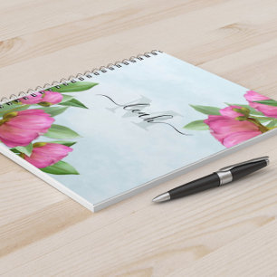Monogram Elegant Floral Vintage Pretty Pink Peony Notitieboek
