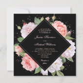 Monogram Elegant Floral White Pink Black Wedding Kaart (Voorkant)